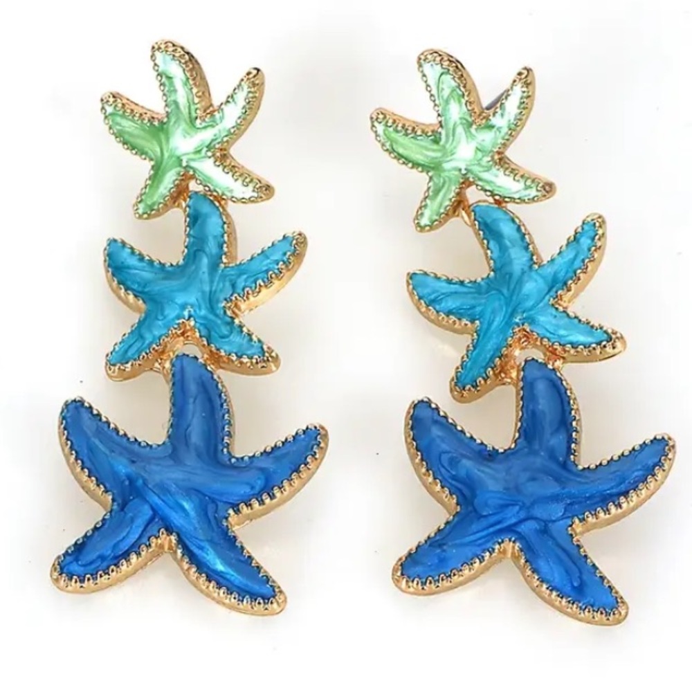 Blue & Green Swirly Enamel Starfish Gold Toned Stud Earrings - Picture 4 of 4